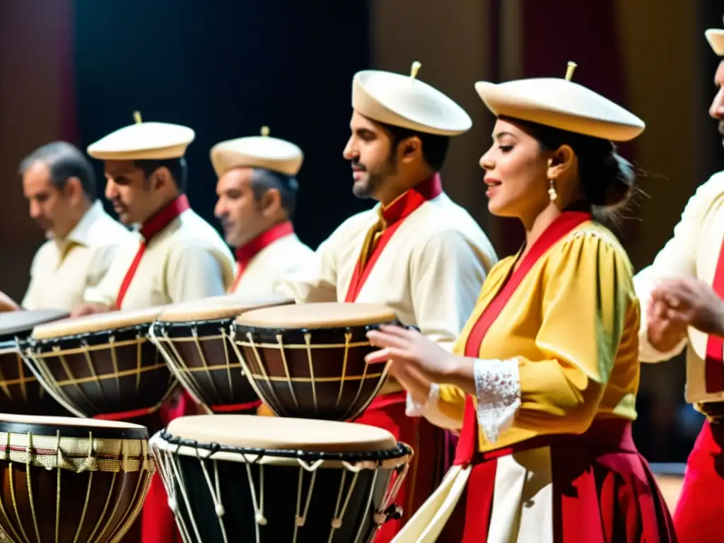 Detalle de músicos tocando el tamborileo en la zarzuela, capturando la energía y tradición vibrante del escenario