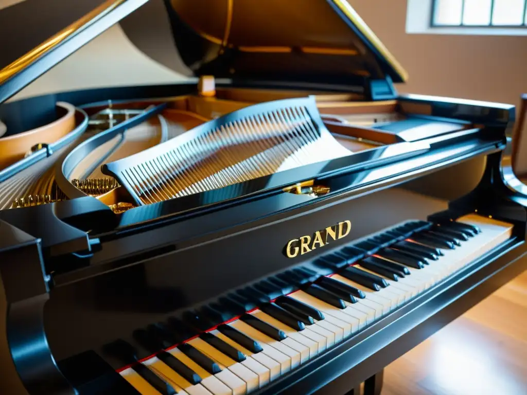 Detalle nítido de un piano negro con el mecanismo interno iluminado por luz cálida