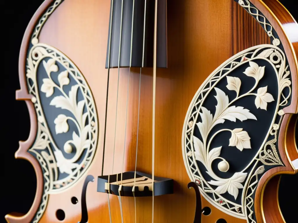 Detalle de un Hardanger Fiddle Noruego, resaltando la artesanía y decoración intrincada del instrumento