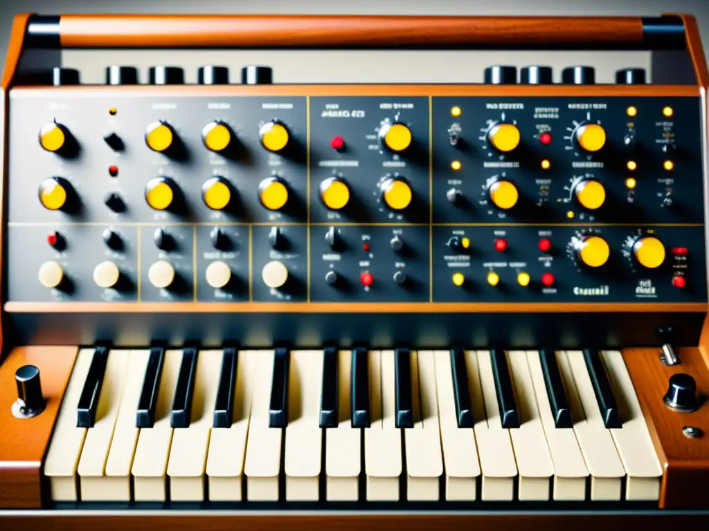 Detalle nostálgico de un sintetizador analógico vintage con arpeggiator y secuenciador, evocando innovación melódica