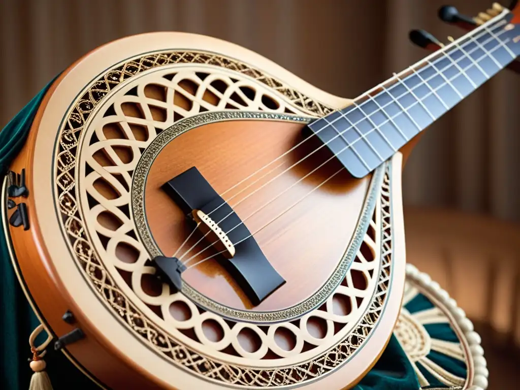 Detalle de una nyckelharpa sueca con intrincadas tallas de madera y mecanismo único