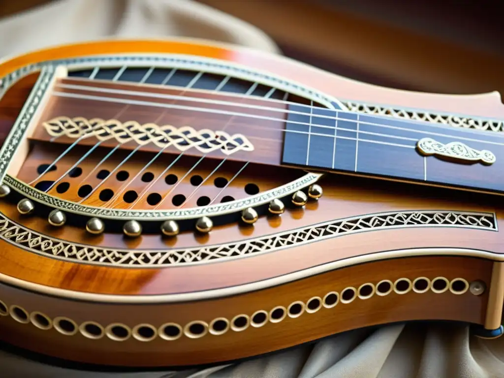 Detalle de una nyckelharpa sueca con tallados de madera, cuerdas metálicas y mecanismo de llaves