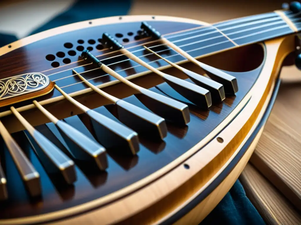 Detalle de un Nyckelharpa sueco, mostrando su belleza artesanal y cultural