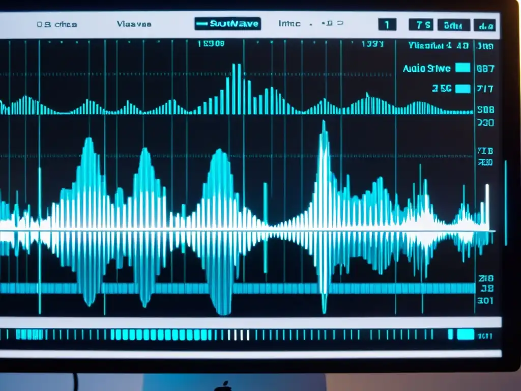 Detalle ultrarresolución de onda de sonido digital en pantalla de ordenador, creando sonidos únicos instrumentos digitales