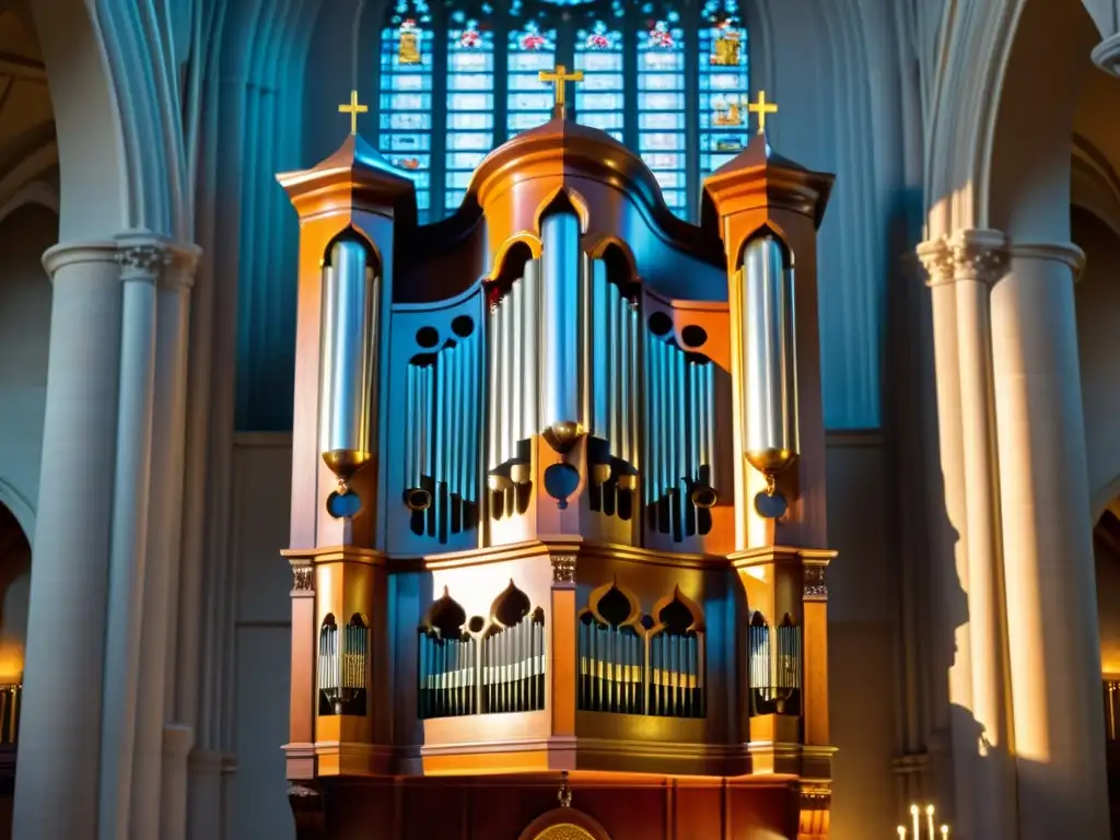 Detalle de órgano en catedral con técnicas teclado música coral, resaltando su majestuosidad y tradición musical