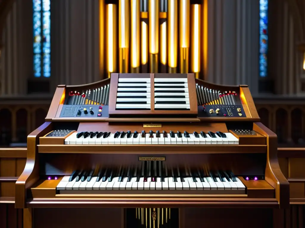 Detalle de un órgano eléctrico en una catedral iluminada, fusionando tecnología moderna con lo tradicional