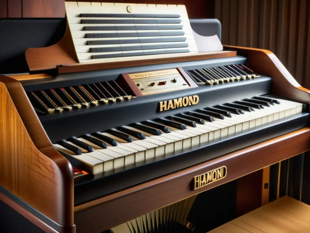 Detalle de un órgano Hammond vintage con sus icónicos drawbars, teclas y altavoz Leslie