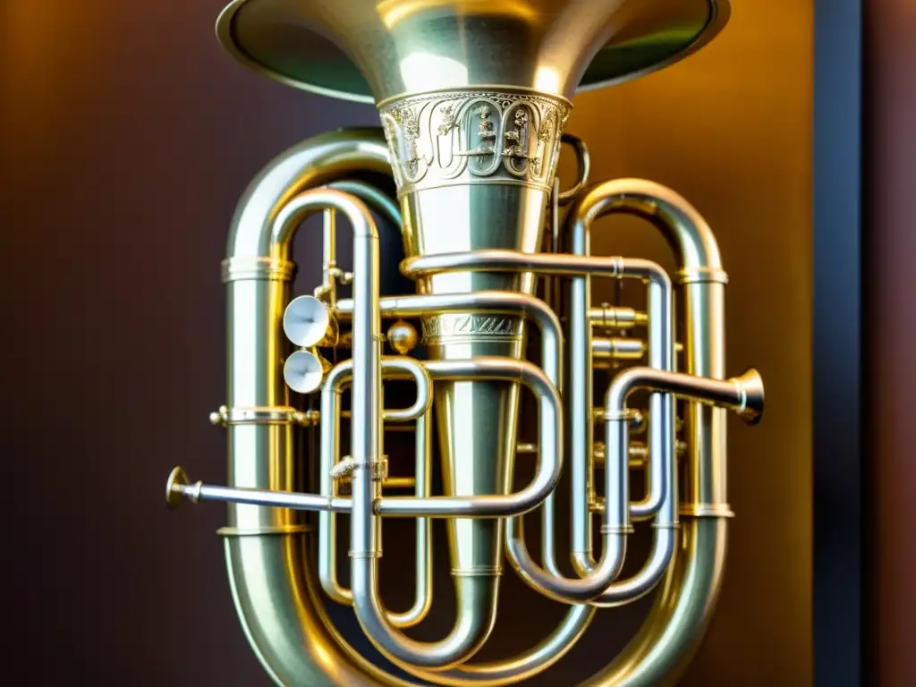 Detalle en oro de una tuba romana antigua en el museo, destacando la artesanía y la historia de la evolución de los instrumentos musicales