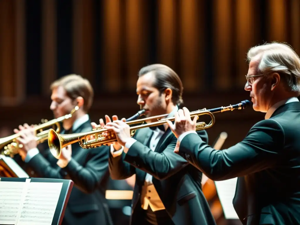 La evolución del oboe: Detalle de una orquesta clásica en actuación con foco en la sección de oboes, mostrando pasión y concentración en los músicos