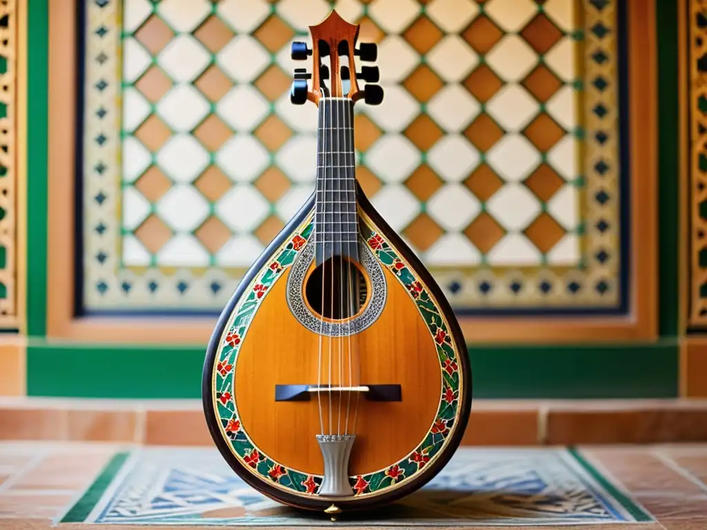 Detalle de un oud decorado en vibrante azulejo andaluz, capturando la influencia árabe en la música ibérica