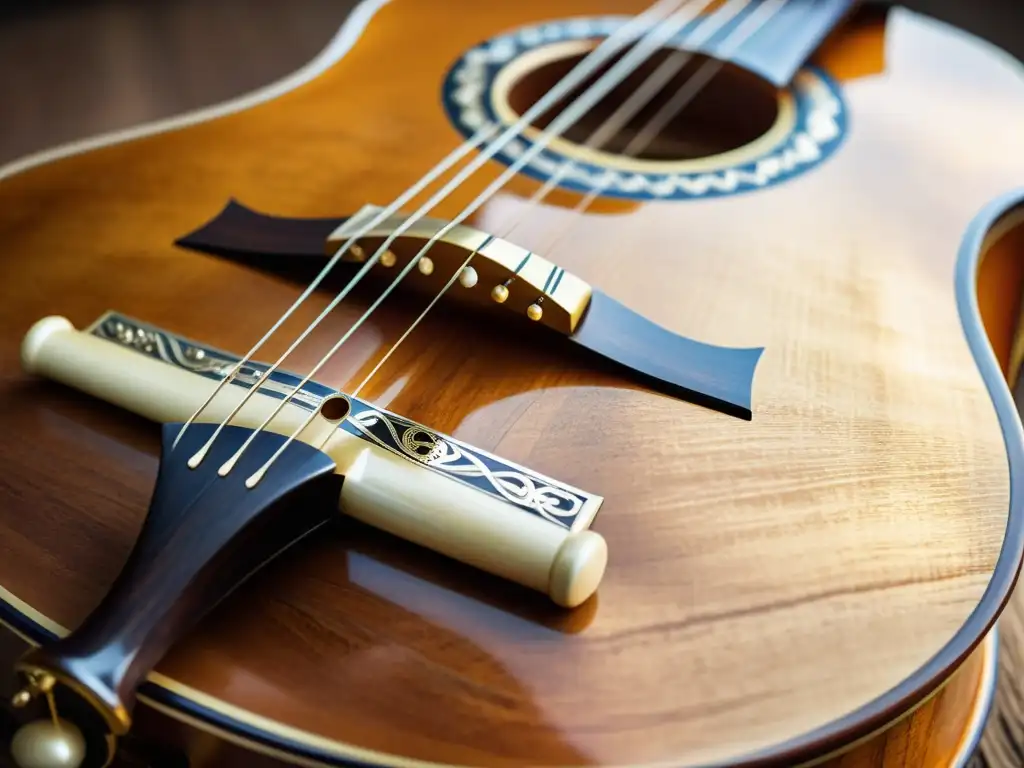 Detalle de un oud envejecido con incrustaciones de nácar, revelando la rica historia y sonido del oud árabe en sus vetas y tonos dorados