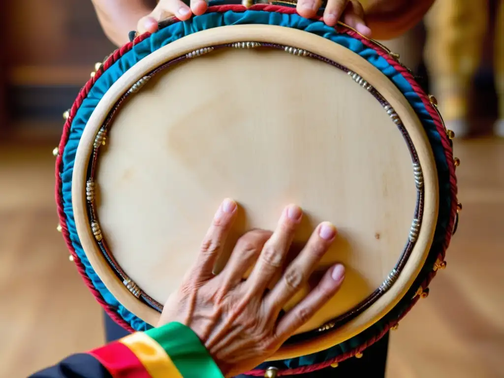 Detalle de una pandereta asturiana tradicional, capturando la esencia de la música y la tradición en España