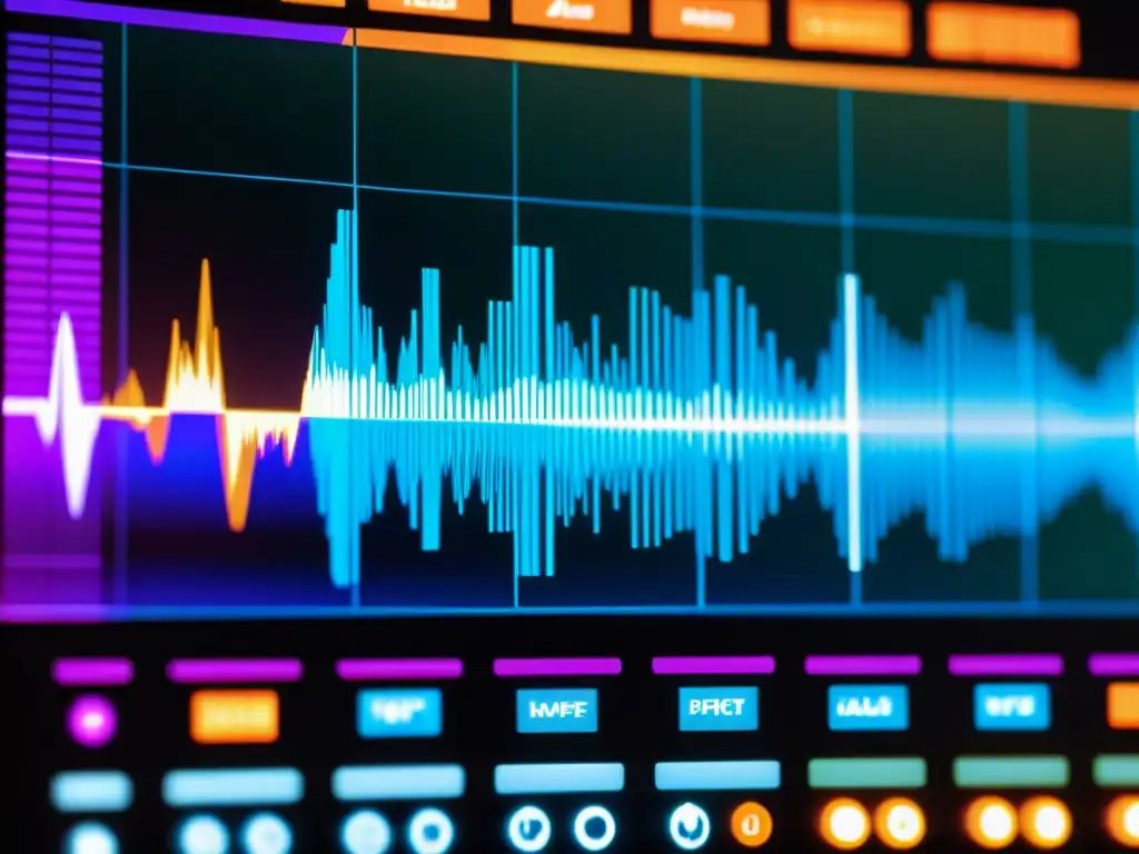 Detalle de pantalla de estación de trabajo de audio digital con muestras culturales y sonidos, sampleando culturas música samples digitales
