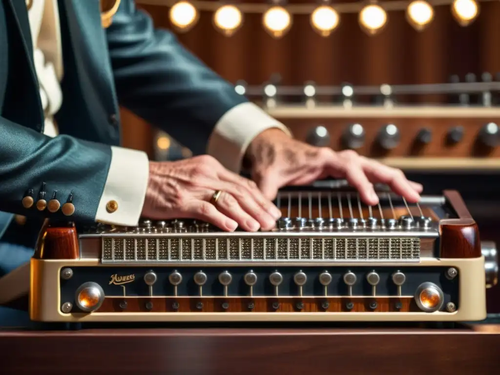 Detalle de un pedal steel guitar vintage iluminado por cálidas luces de escenario