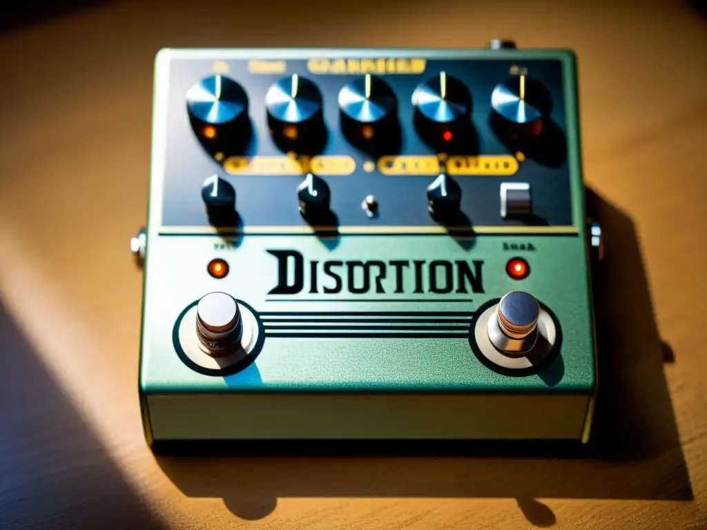 Detalle de un pedal de distorsión vintage, mostrando su intrincado circuito y componentes envejecidos