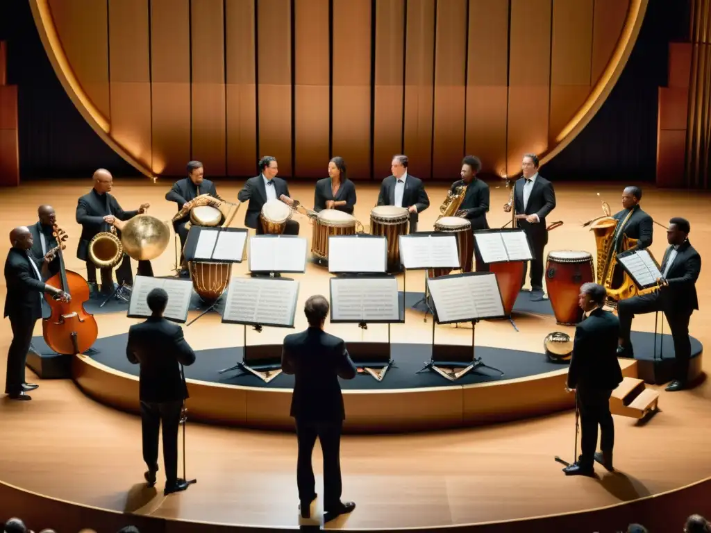 Detalle de percusiones exóticas en orquesta sinfónica, resaltando su artesanía e intensidad cultural