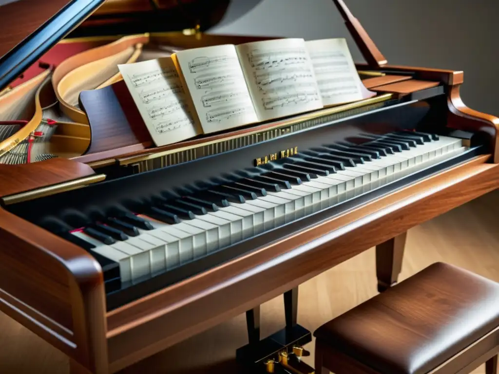 Detalle en 8k de un piano de cola, mostrando la artesanía y complejidad