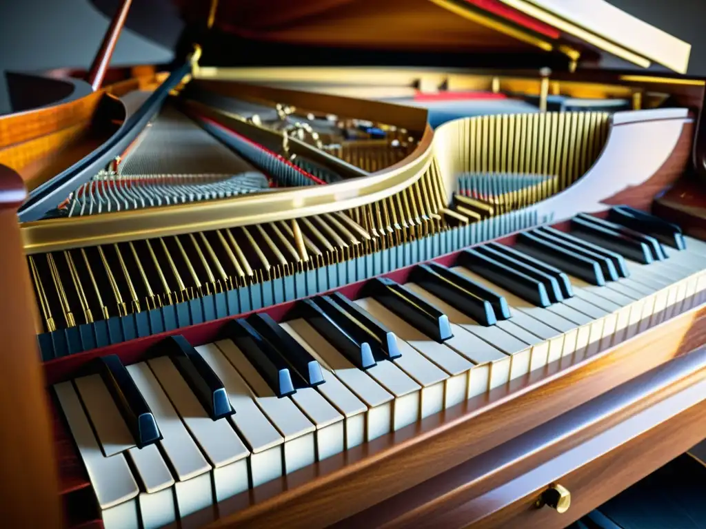 Detalle de un piano de cola con enfoque en sus intrincados mecanismos, resaltando la precisión de sus capas de sonido