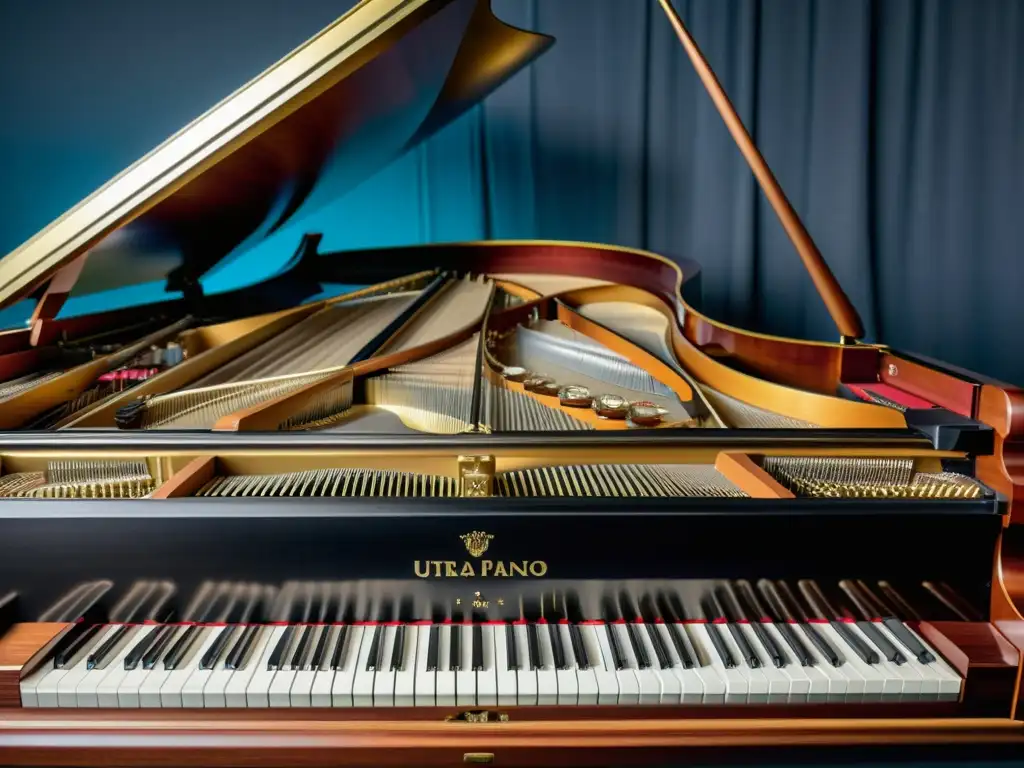 Detalle de un piano de cola, mostrando sus intrincados mecanismos y resaltando su papel en la historia del piano en diferentes culturas