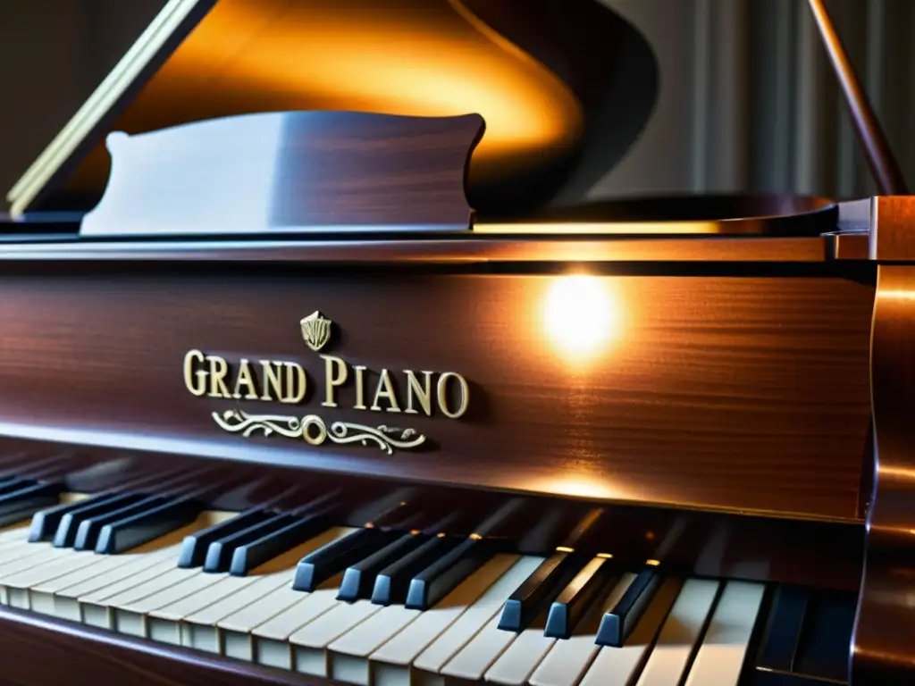 Detalle de un piano de cola vintage iluminado por un foco, evocando la atmósfera de instrumentos emblemáticos en películas