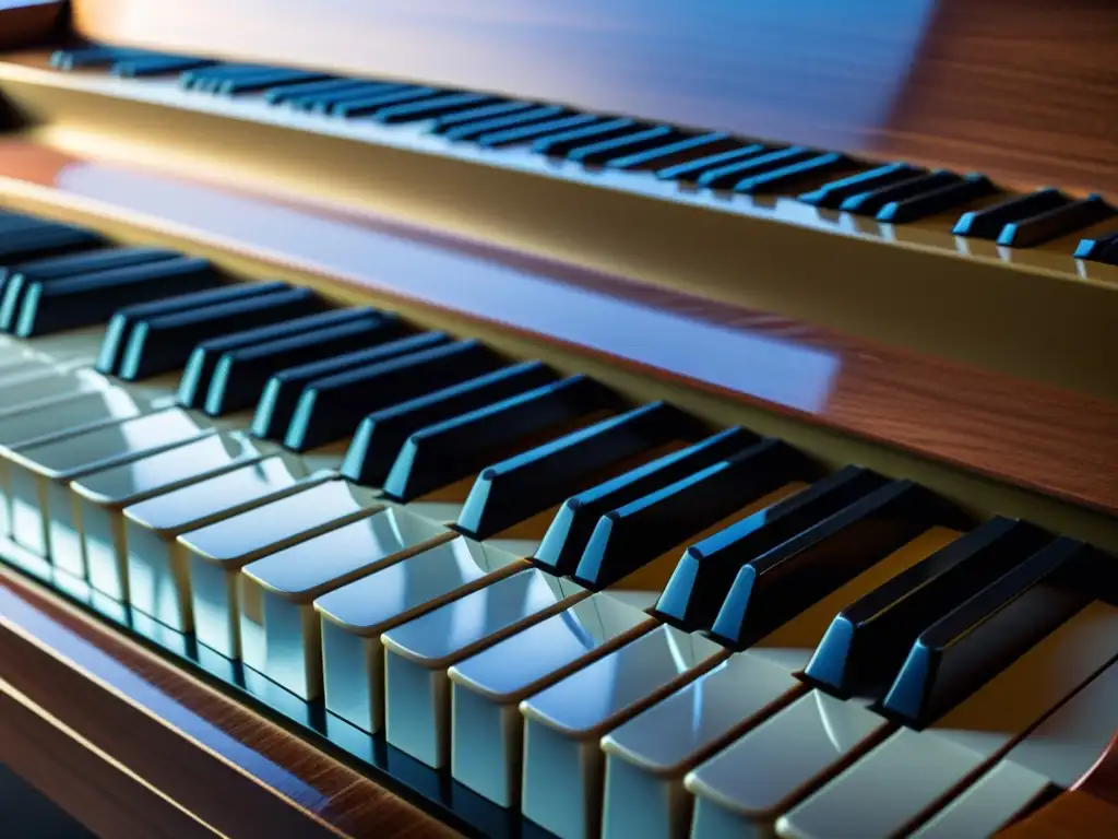 Detalle de un piano digital con teclas ligeramente presionadas, fusionando la evolución tecnológica musical con la tradición