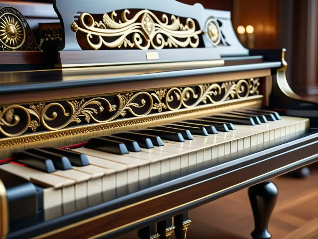 Detalle de un piano romántico del siglo XIX, evocando elegancia y nostalgia