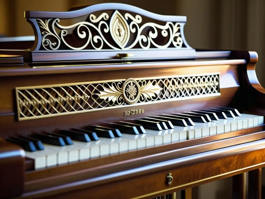 Detalle de un piano romántico evolución técnica, con elegantes tallados y un acabado de madera pulida, transmitiendo historia y significado