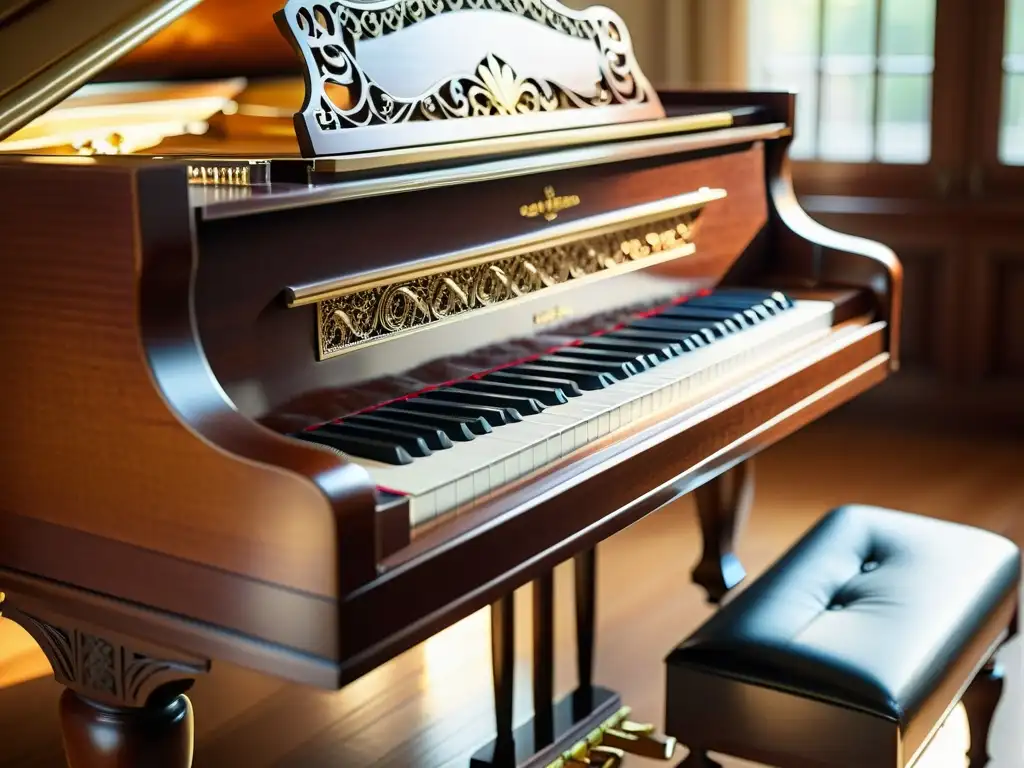 Detalle de un piano vintage con ricos detalles de madera, teclado y pedales