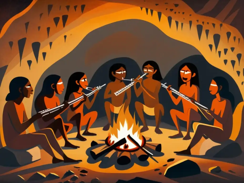 Detalle de pintura rupestre prehistórica: humanos primitivos tocando flautas alrededor del fuego