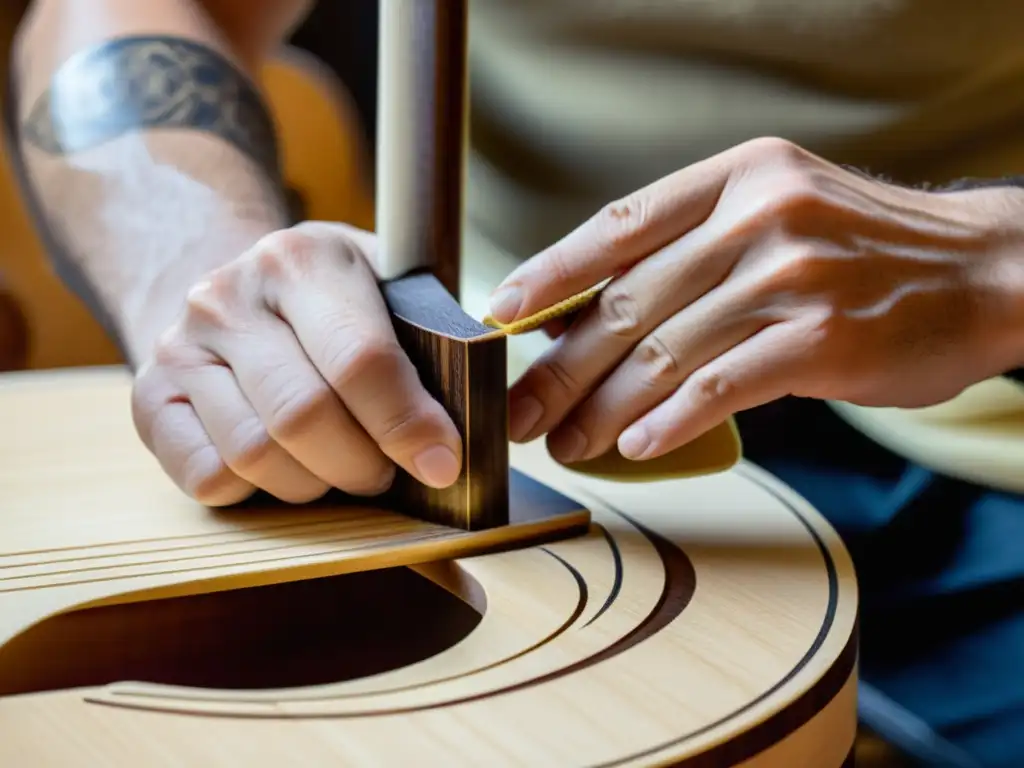 Detalle de luthier aplicando con precisión pegamento a una guitarra acústica, destacando las técnicas de unión adhesivos instrumentos y la destreza artesanal