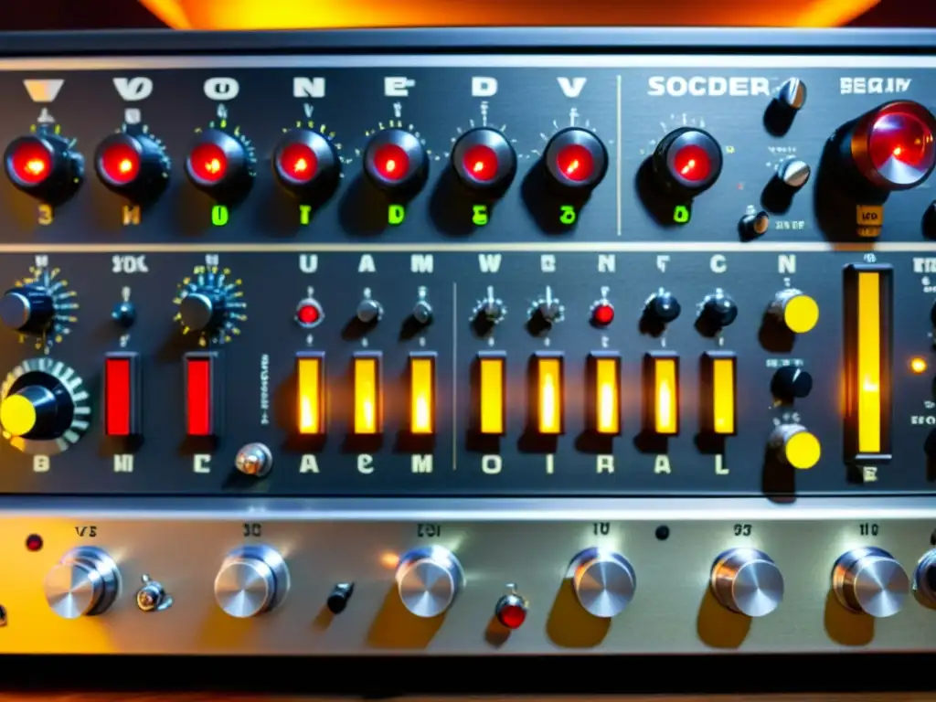 Detalle preciso de un vocoder vintage con luces vibrantes