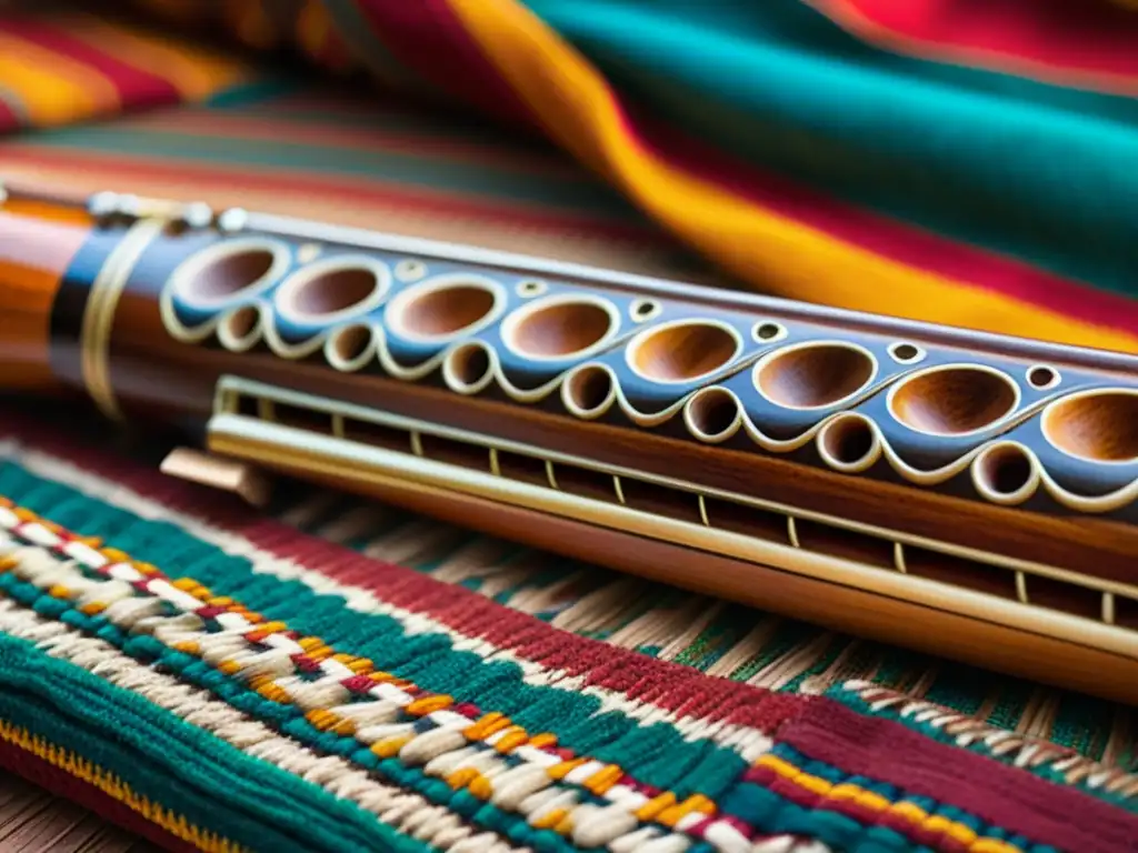 Detalle de una quena andina tallada con destreza, resaltando la artesanía y los colores tradicionales