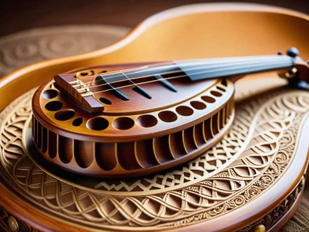 Detalle de un raro instrumento musical tallado en madera, iluminado por la suave luz, que muestra la artesanía