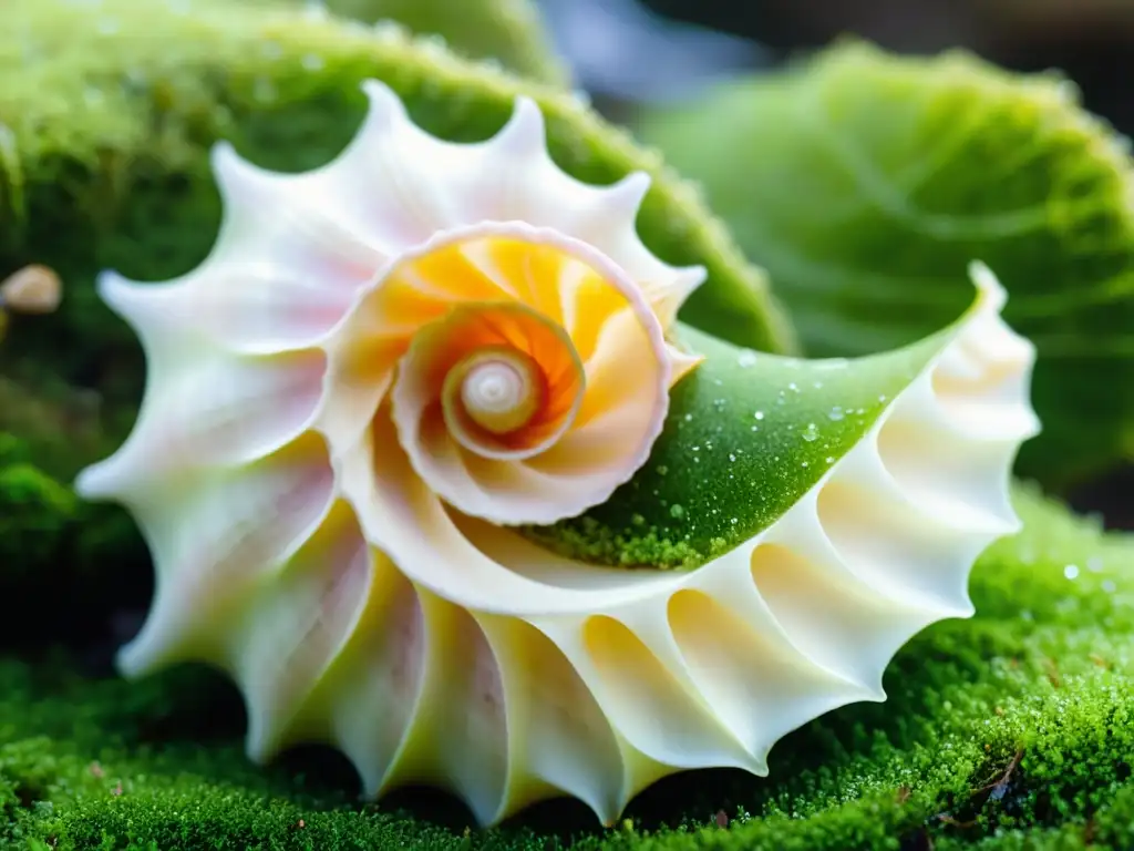 Detalle realista de un concha de caracol en musgo verde, evocando historia y sonido del Conch Shell