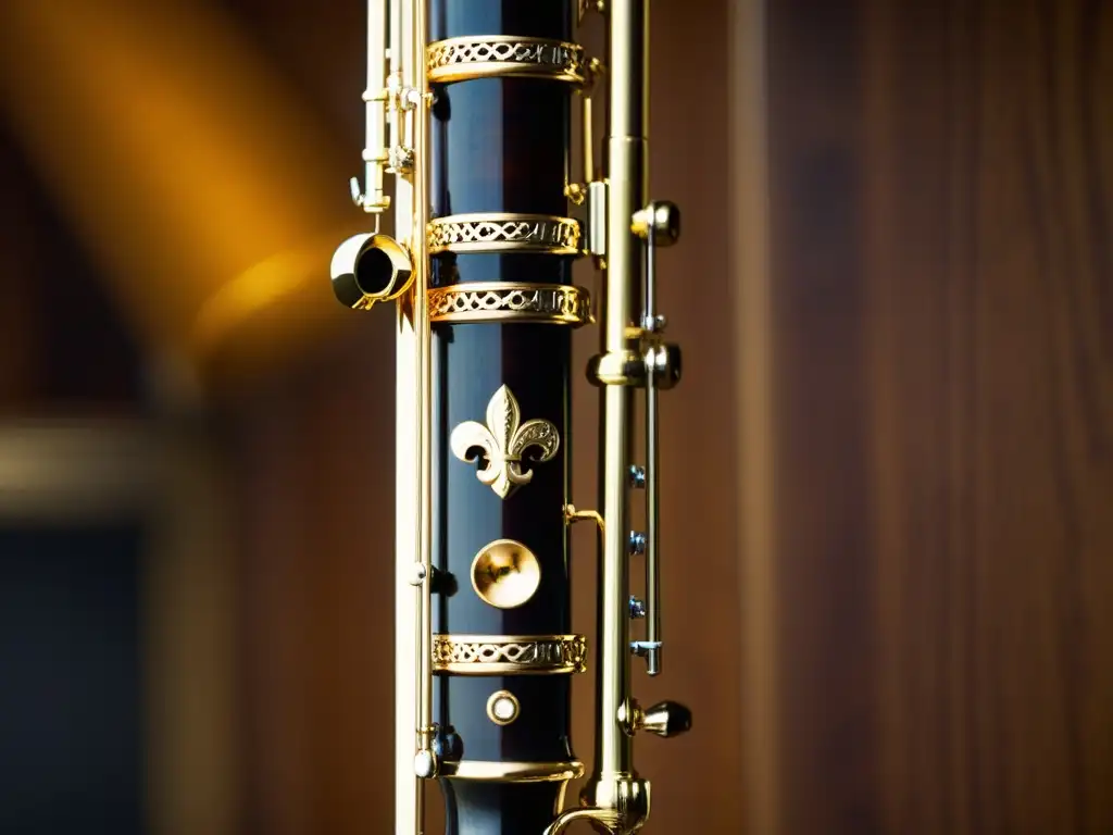 Detalle de clarinete de basset: madera rica y llaves metálicas brillantes