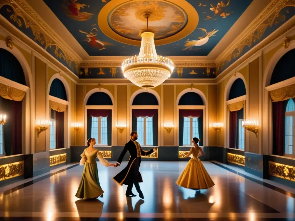 Detalle de una sala de baile renacentista con músicos, bailarines y arquitectura ornamentada, iluminada por luz de velas