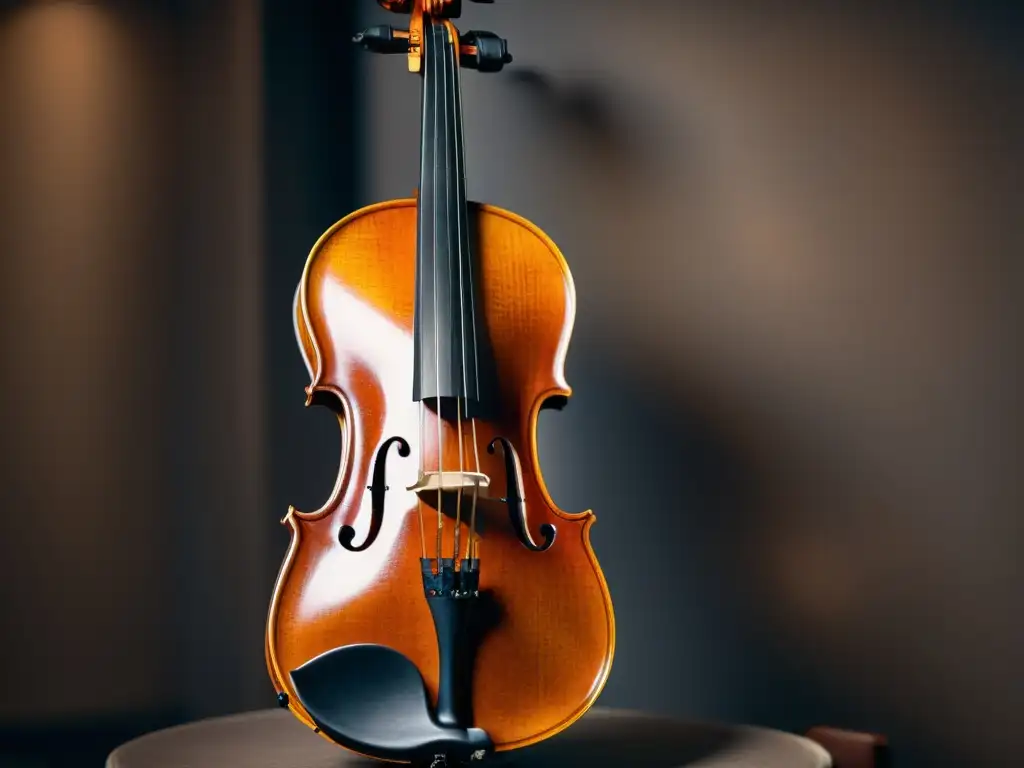 Detalle de un violín Stradivarius en una sala iluminada de forma tenue, resaltando la artesanía y la importancia de los violines Stradivarius