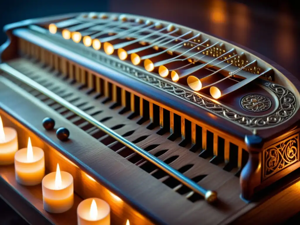 Detalle de salterio medieval iluminado por velas, evocando solemnidad y devoción en la música sacra