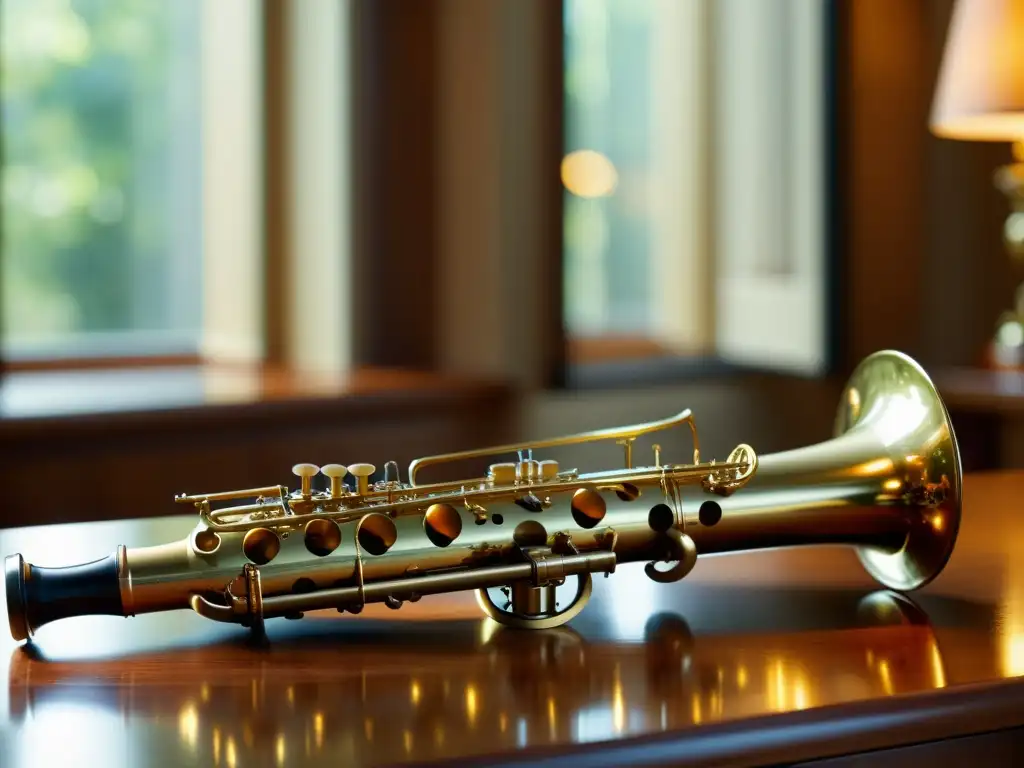 Detalle del saxofón clásico en mesa de madera con luz natural cálida, destacando la influencia temperatura acústica instrumentos viento