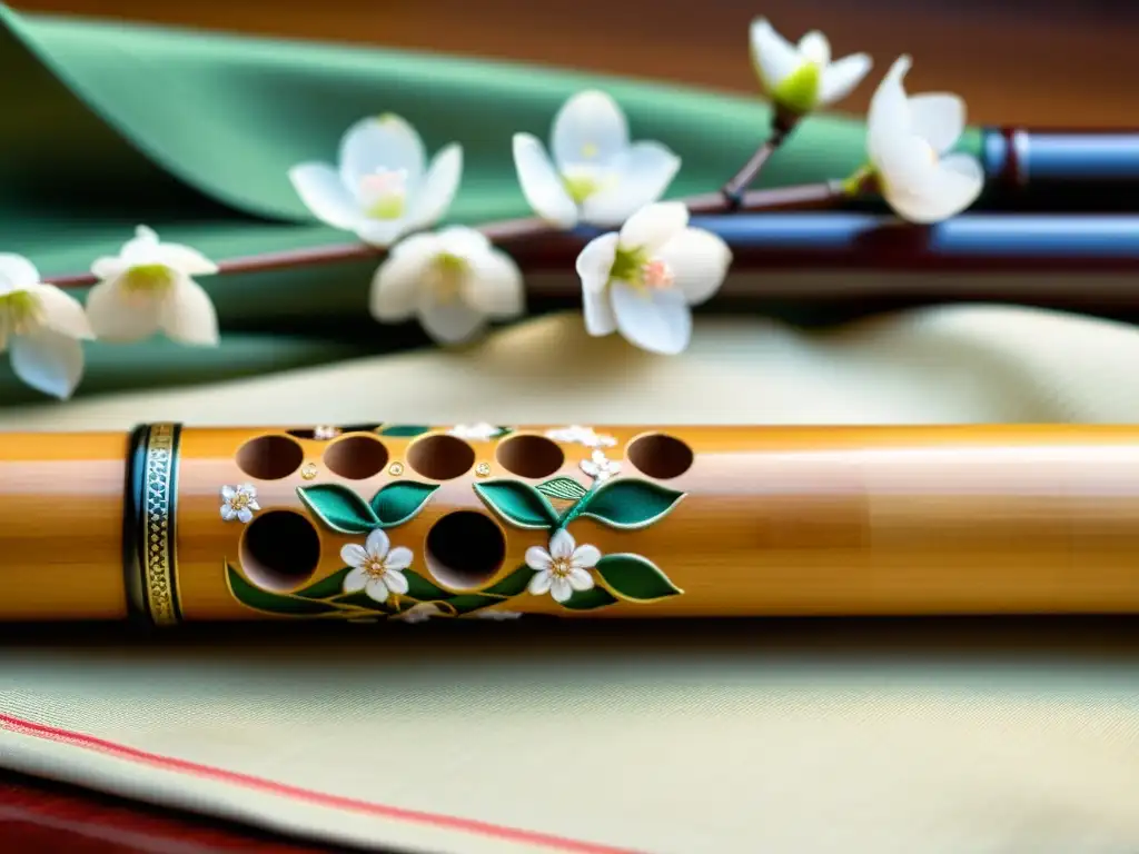 Detalle de un shakuhachi japonés tallado en bambú, sobre una tela de seda con bordados de cerezos en flor