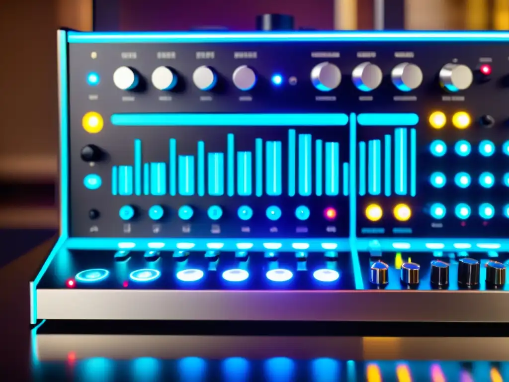 Sintetizador de audio de vanguardia: circuitos y luces LED vibrantes Detalle de sintetizador de audio de vanguardia con circuitos e iluminación LED, fusionando innovaciones tecnológicas síntesis audio y diseño moderno