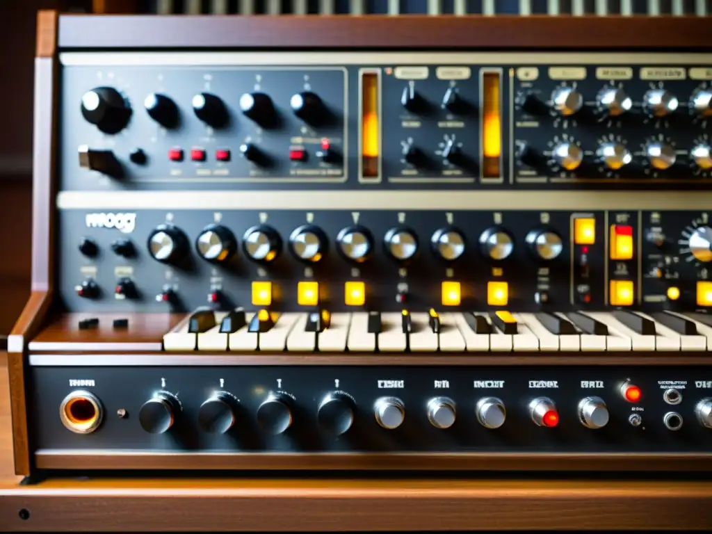 Detalle de un sintetizador Moog vintage con un cálido brillo ámbar