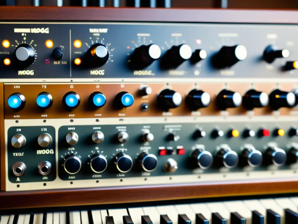 Detalle de un sintetizador Moog vintage, con sus intrincados controles y cables