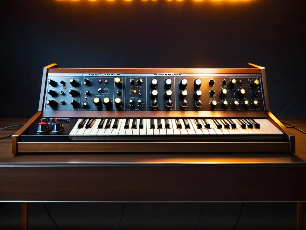 Detalle del sintetizador Moog vintage, con sus intrincados controles y cables, en un estudio cálido