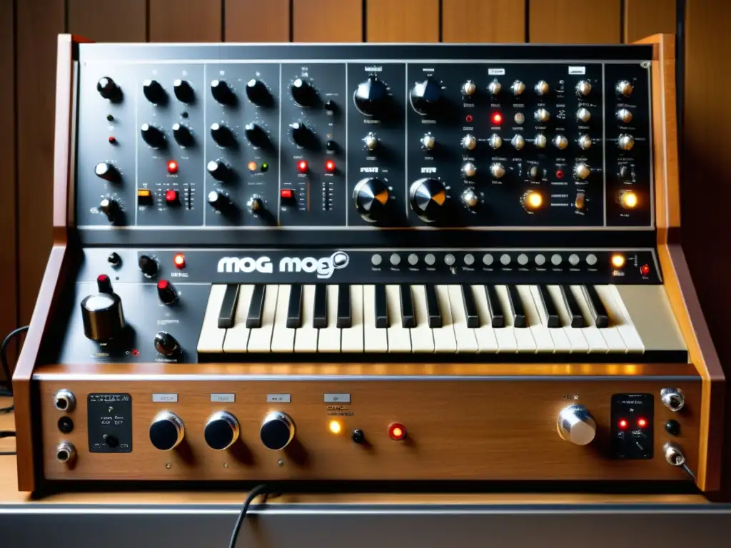 Detalle de un sintetizador modular vintage Moog, mostrando los cables de conexión entre módulos, con el logo y número de modelo destacados