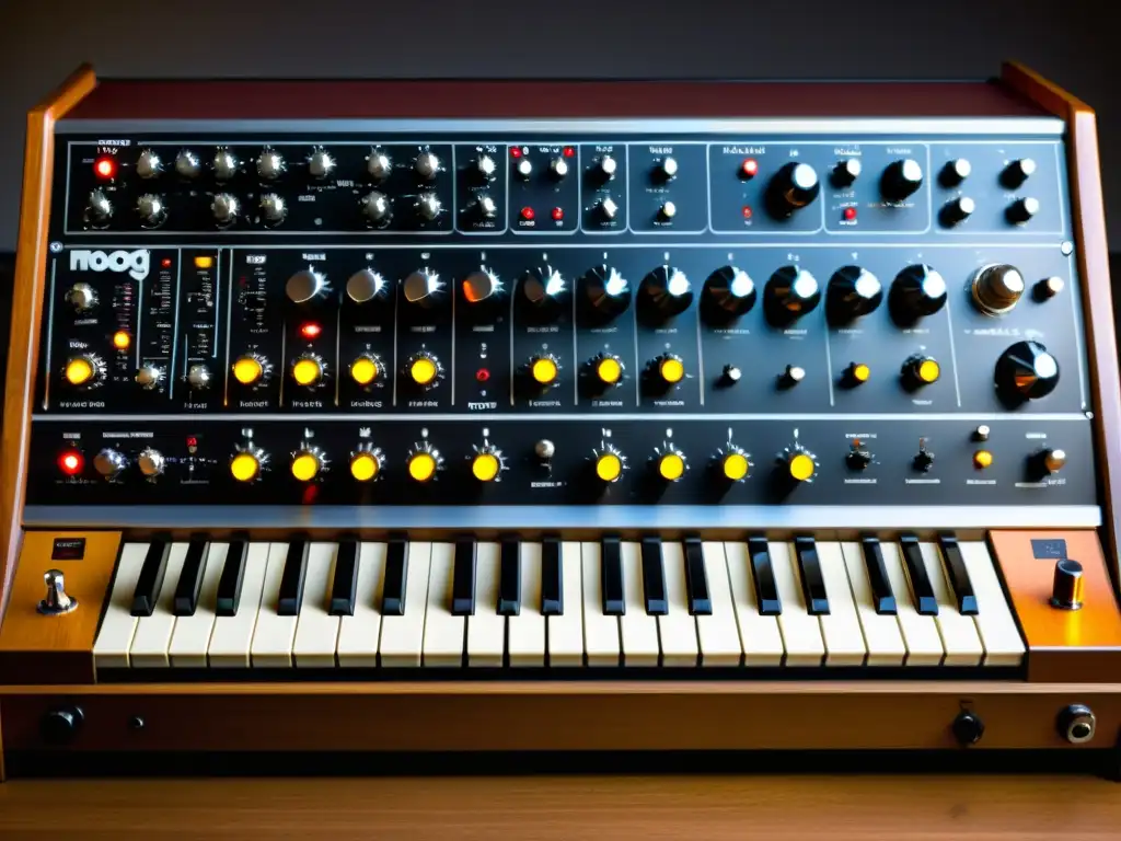 Detalle de sintetizador Moog original, resaltando su diseño vintage y legado de los sintetizadores modulares