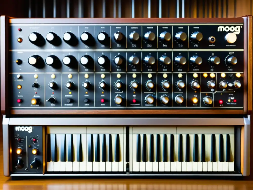 Detalle de sintetizador Moog modular vintage, con cables y controles