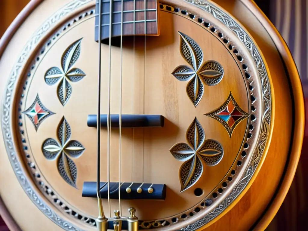 Detalle del Sintir, instrumento musical Gnawa, con tallados e incrustaciones, piel de camello y madera envejecida