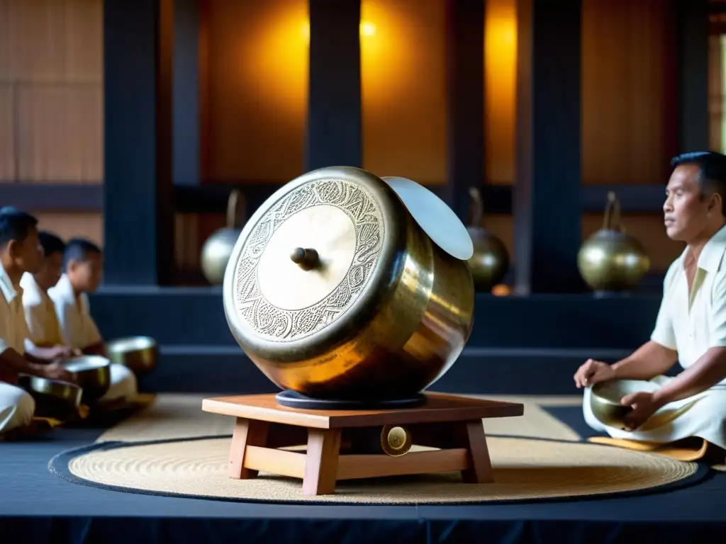 Detalle del sonido ancestral del gong agung durante ceremonia cultural filipina, resaltando sus texturas e intrincados patrones artesanales