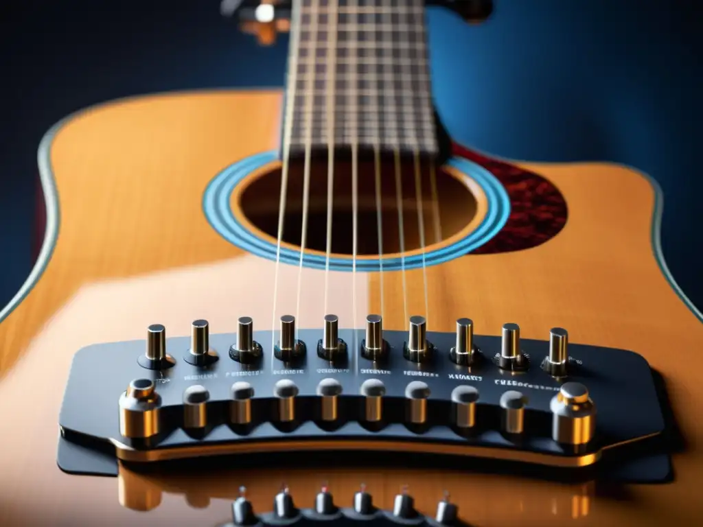 Detalle de tecnología para grabación 3D de sonido de instrumentos, capturando la resonancia de una guitarra acústica